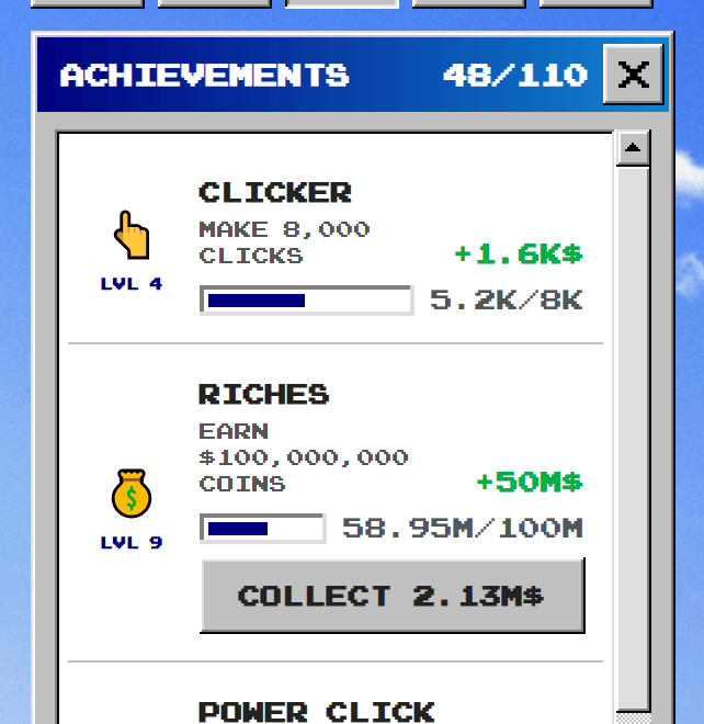 The Achievements window in Spacebar Clicker showing the Clicker track at level 4 with a goal of 8,000 clicks and a progress bar at 5.2K