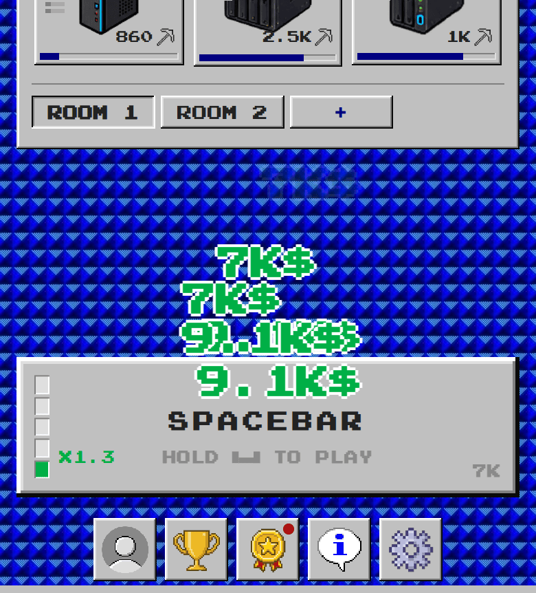Spacebar Clicker on a phone, with the big Spacebar button at the bottom, a x1.3 multiplier on the meter and earnings popping up above it