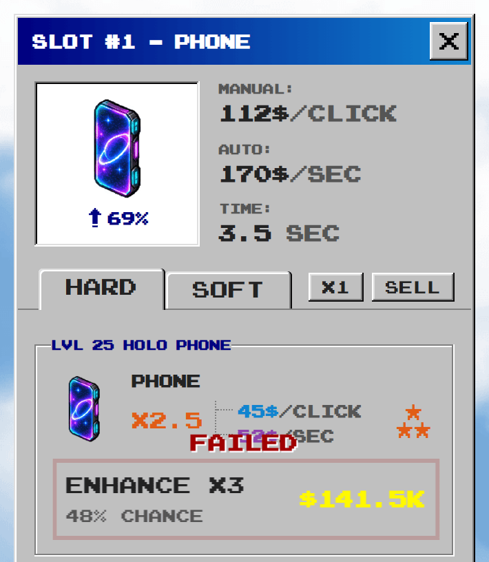 The phone after a failed attempt, showing the word FAILED in red over the card, still at three stars and x2.5