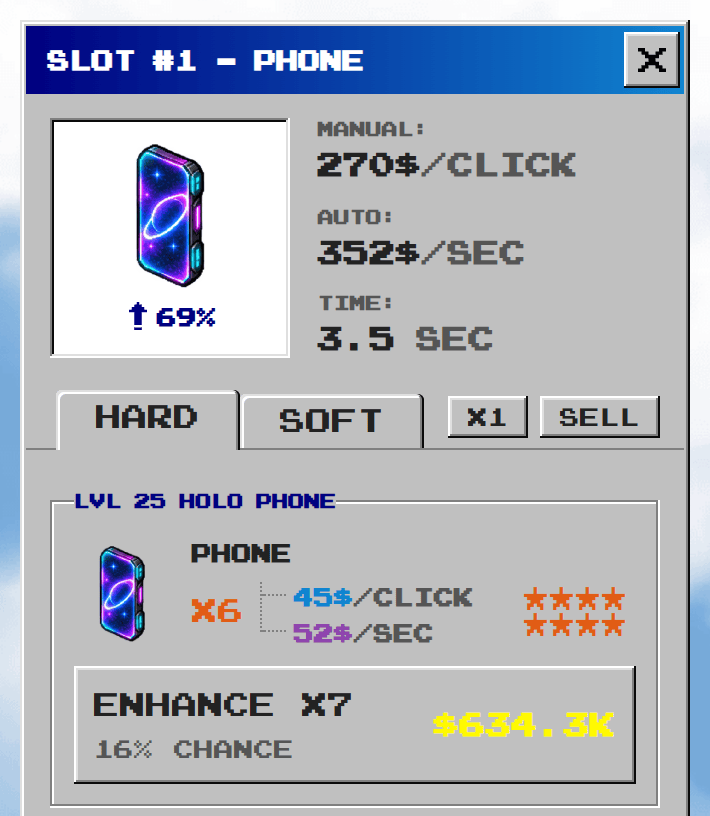 A level 25 phone at eight stars with a x6 multiplier, and an Enhance x7 button showing a 16% chance and a price of $634.3K