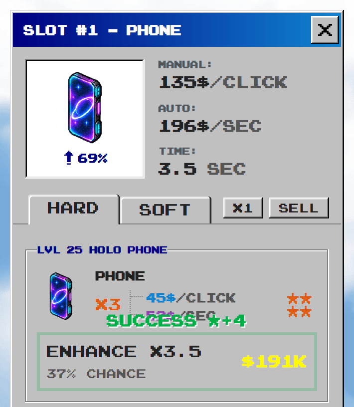 The same phone after a successful attempt, showing the message SUCCESS +4, four stars and a x3 multiplier, with the next attempt at 37% chance for $191K