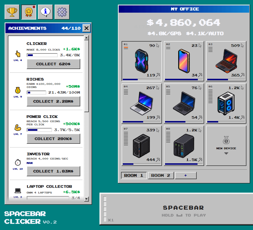 The Achievements window in Spacebar Clicker at 39 of 110, with tracks like Clicker, Riches, Power Click and Investor showing progress bars and Collect buttons for rewards