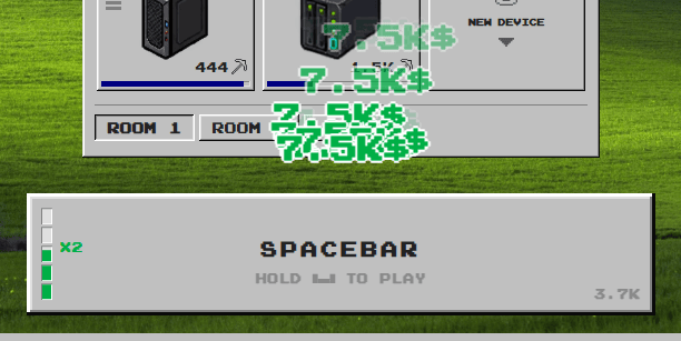 Close-up of the Spacebar button after a fast burst of clicks: the Gainer meter on the left is filled to x2 and earnings pop up above the button