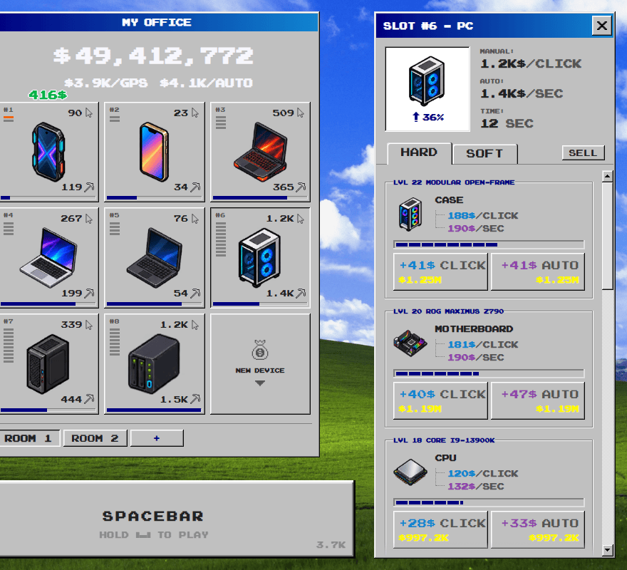 The upgrades window for a PC in Spacebar Clicker, listing its Case, Motherboard and CPU with level bars and buttons to add click or auto income