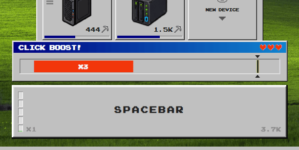 The Click Boost minigame in Spacebar Clicker: a red x3 multiplier bar and a target zone above the Spacebar button, with three hearts for lives