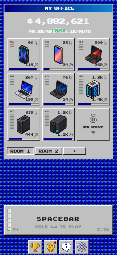 Spacebar Clicker on a phone screen, with the device grid at the top, the Spacebar button below it, and the menu at the bottom