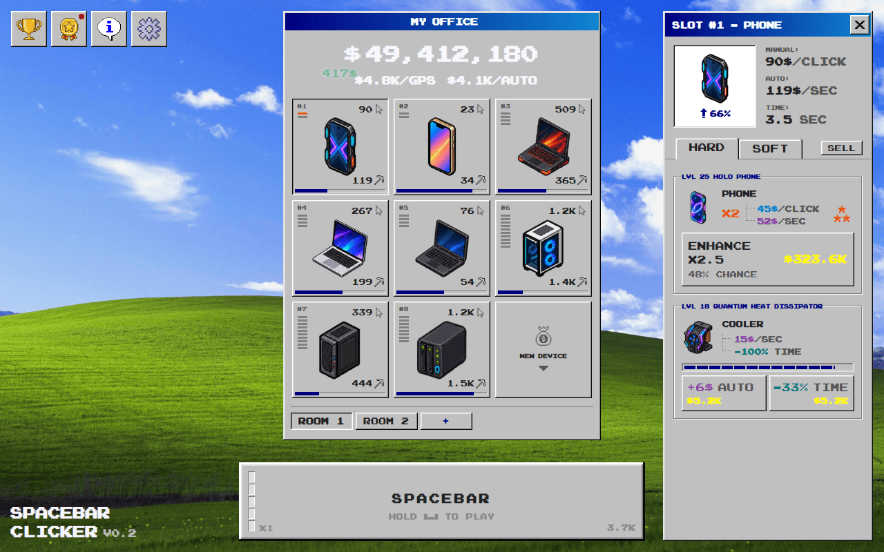 Spacebar Clicker running in a desktop browser, with phones, laptops, PCs and a server filling the My Office grid and the phone's upgrades open on the right